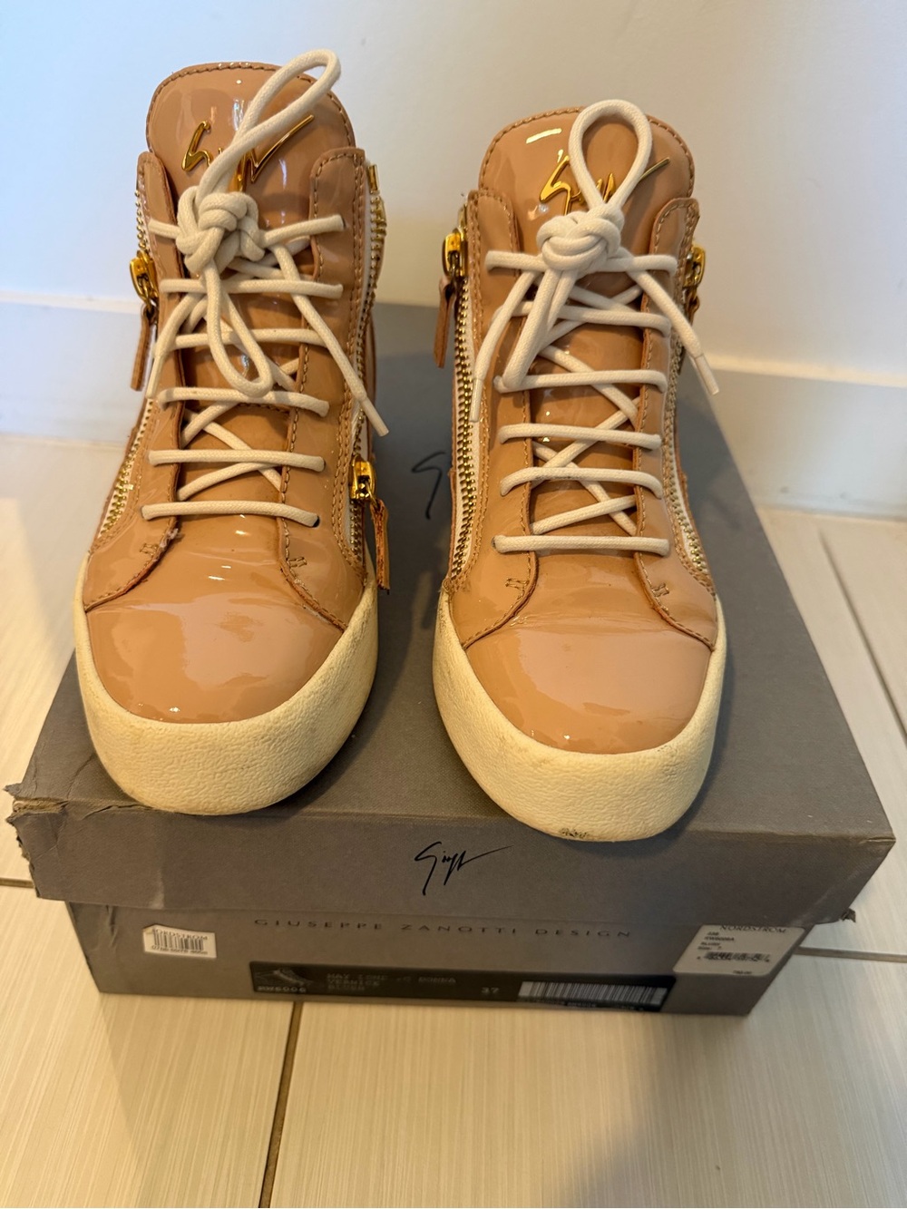 Giuseppe Zanotti Beige Patent Leather High-Top Sneakers with Gold Hardware
